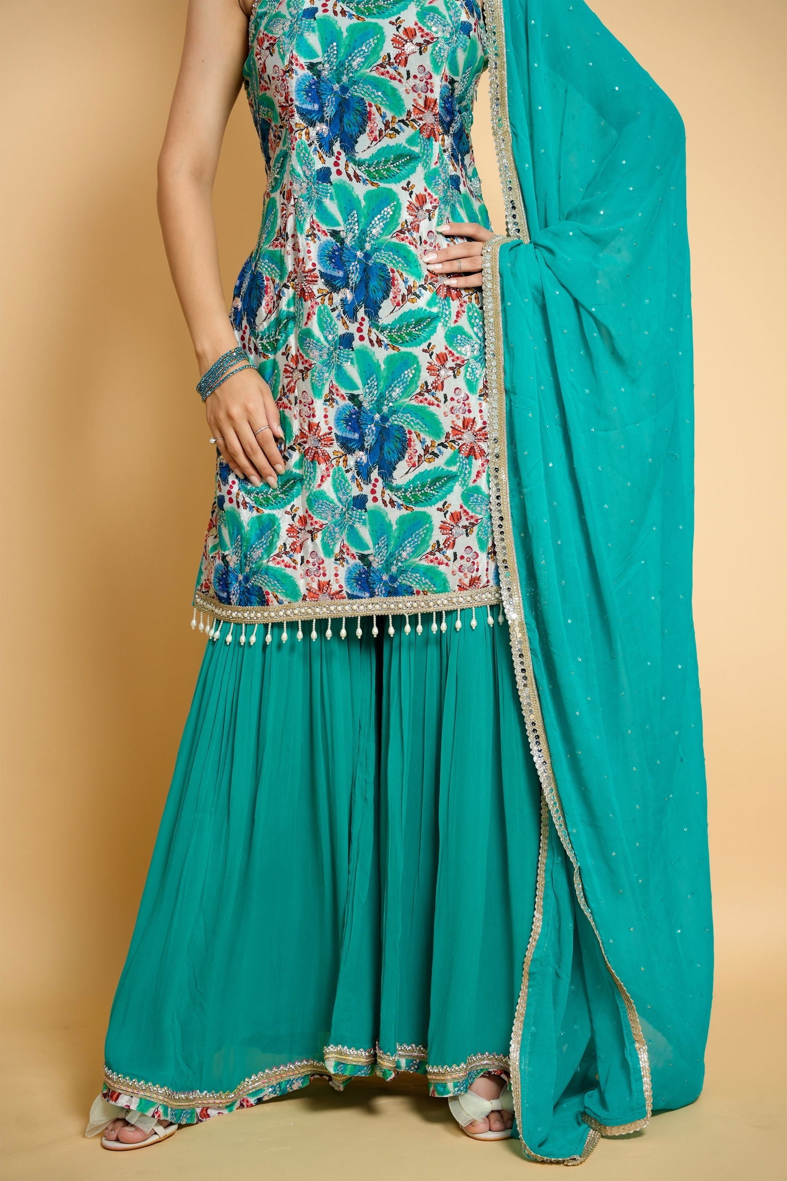 Sea Green Crape Suit with Georgette Detailed Garara and Lace Dupatta - Mayrake