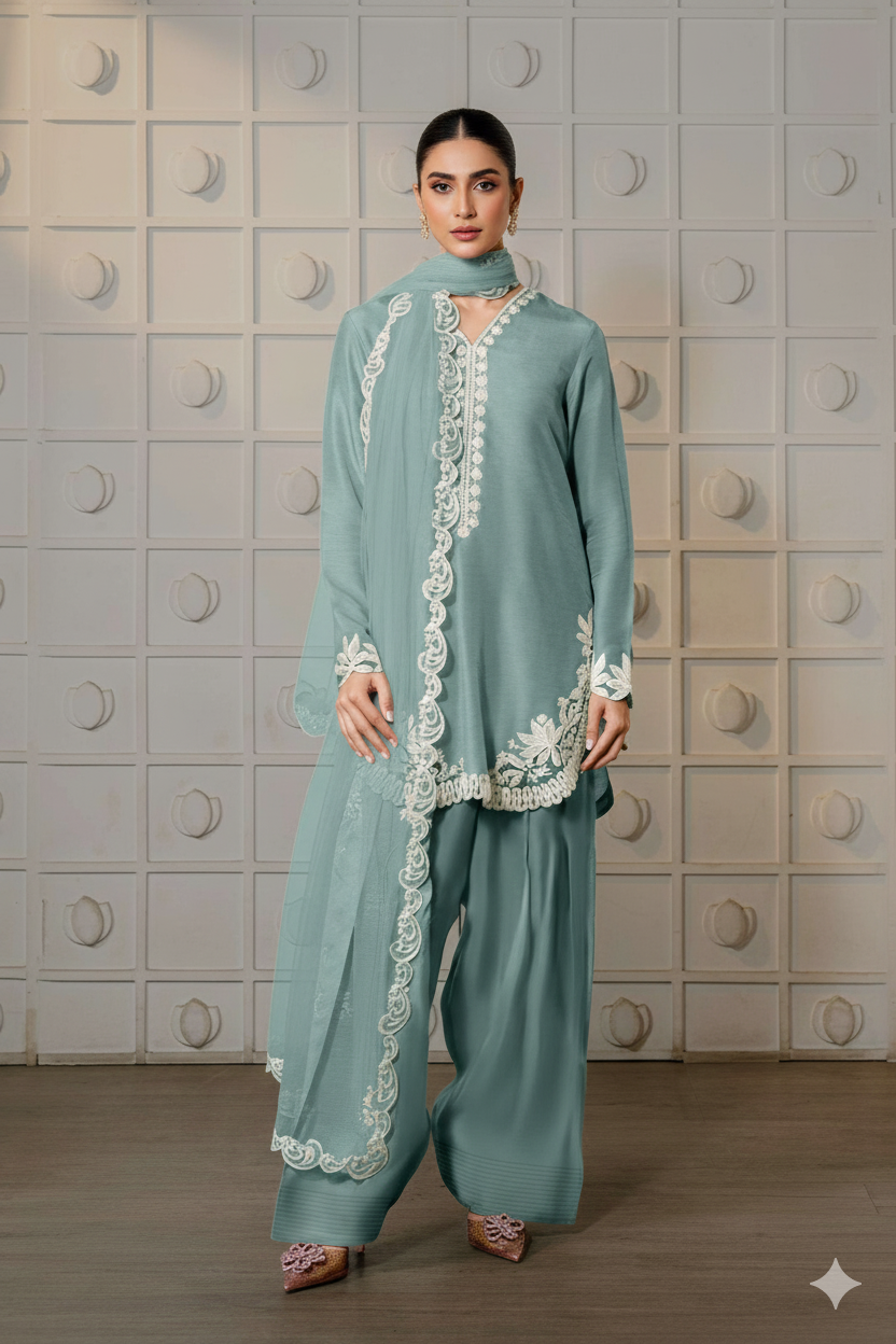 Sea Green Farsi Salwar Suit With White Thread Lace Work - Mayrake.in