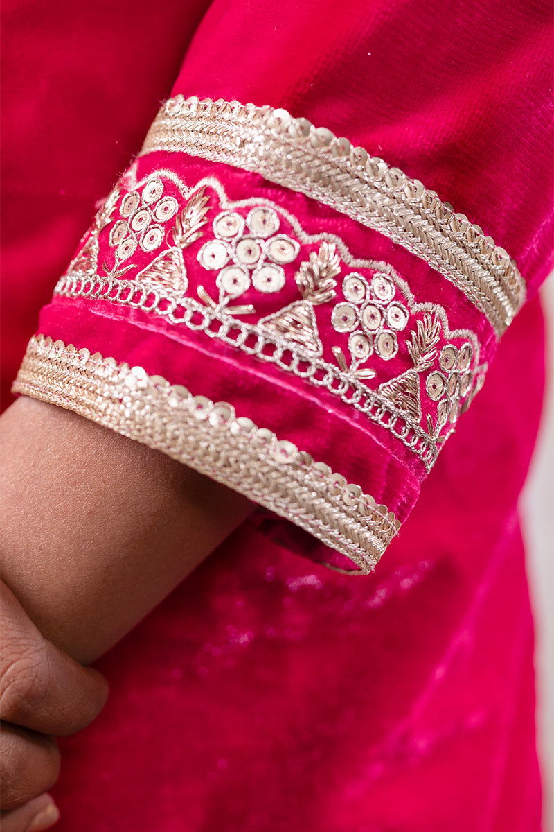 Shimmer Velvet Fuchsia Pink Kurta with Embroidered Lace and Wide Flared Palazzo - Mayrake -