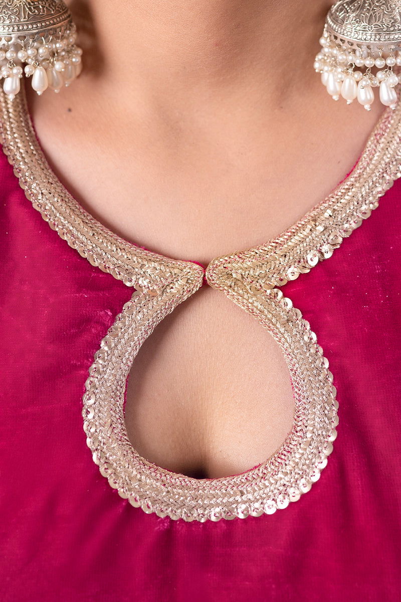 Shimmer Velvet Fuchsia Pink Kurta with Embroidered Lace and Wide Flared Palazzo - Mayrake -