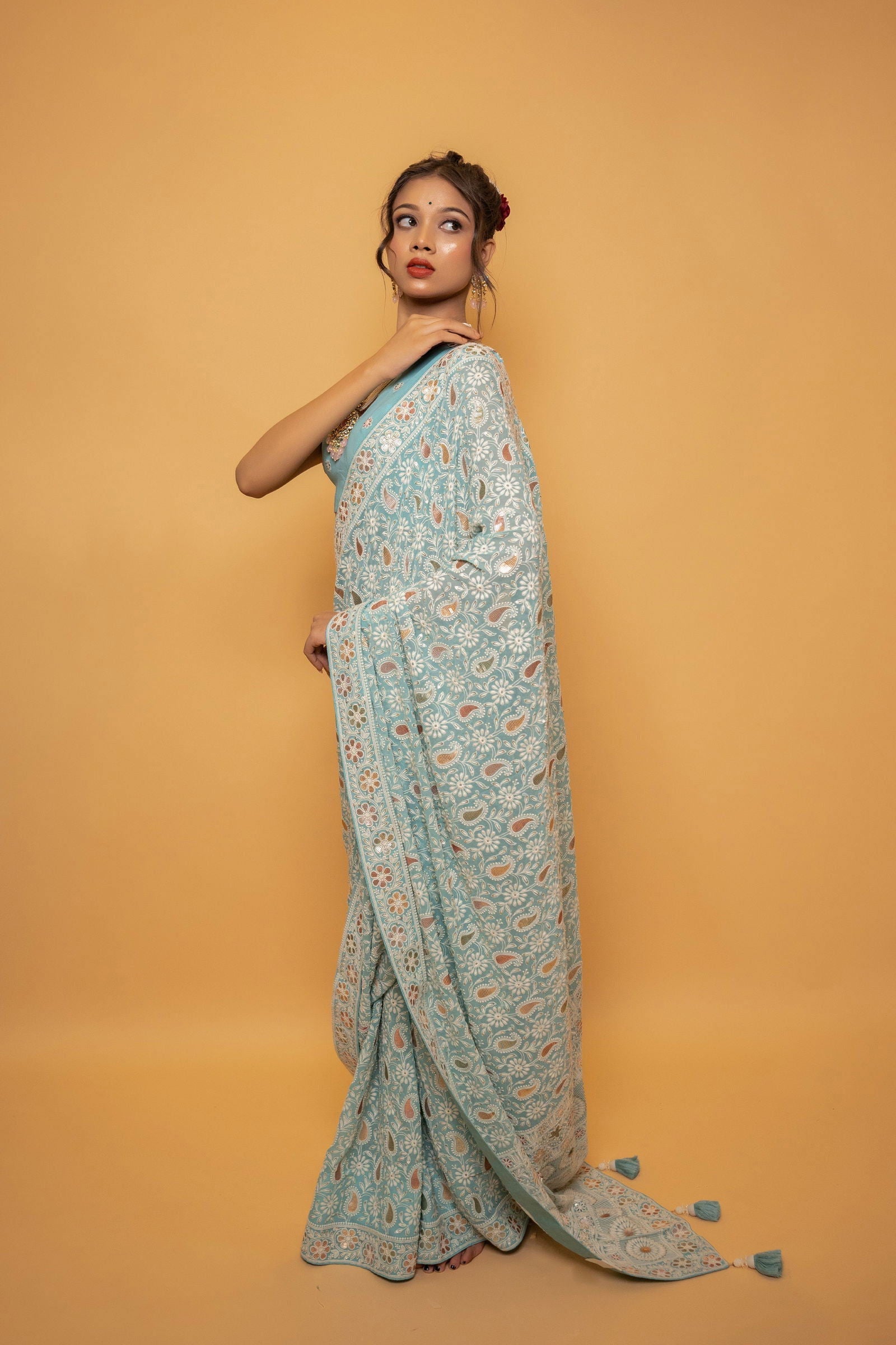 Sky Blue Lucknowi Saree with Multicolored Sequin Work - Mayrake.in