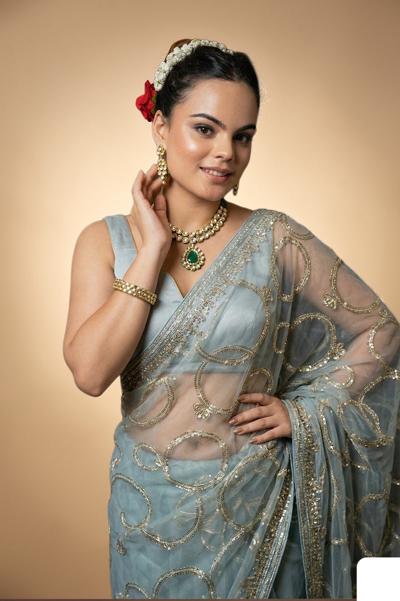 Sky Blue Super Net Saree With Swarovski Work with Stitched Blouse