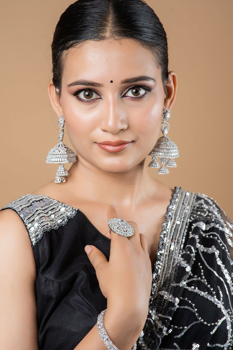Sparkling AD Multi-Layer Big Jhumka Earrings - Mayrake