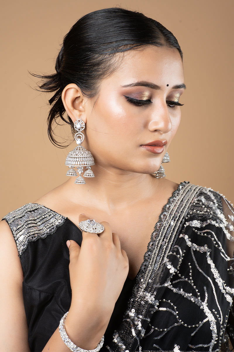Sparkling AD Multi-Layer Big Jhumka Earrings - Mayrake
