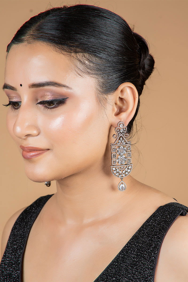Sparkling Long AD Earrings with Swarovski Stones and Teardrop Accents - Mayrake