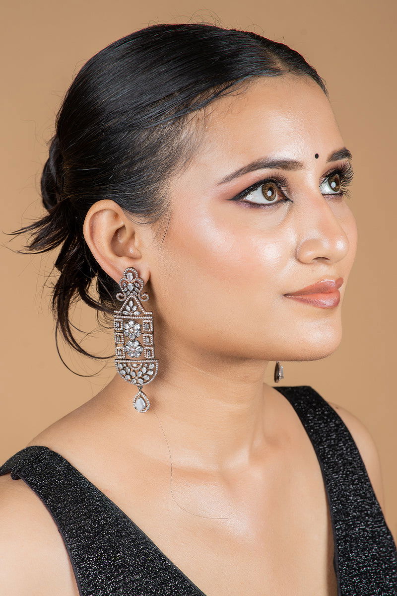 Sparkling Long AD Earrings with Swarovski Stones and Teardrop Accents - Mayrake
