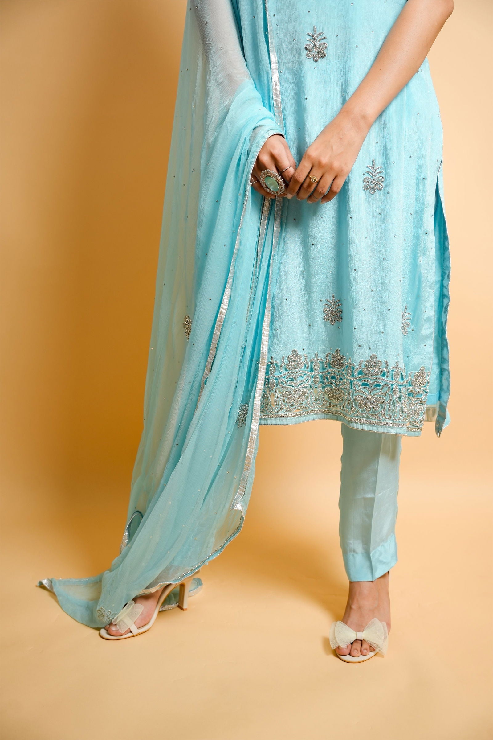 Swarovski Cutwork Sky Blue Georgette Suit with Matching Pants and Embroidered Dupatta - Mayrake