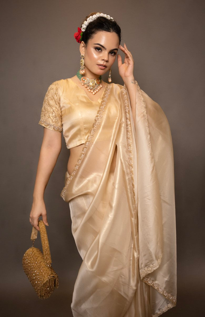 Golden Tissue Saree With Sequined Handwork