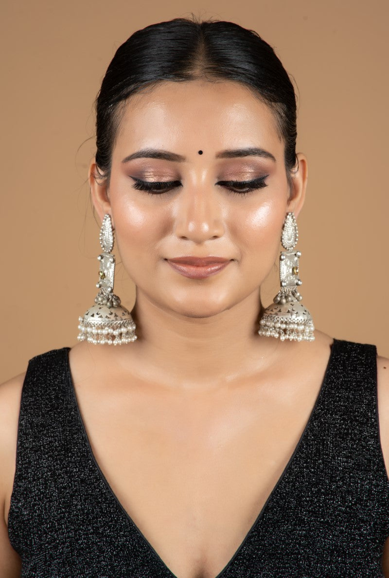 Elegant Oxidized Metal Hanging Pearls Jhumka Jewellery