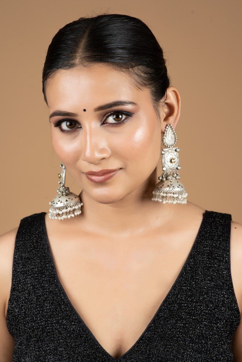 Elegant Oxidized Metal Hanging Pearls Jhumka Jewellery