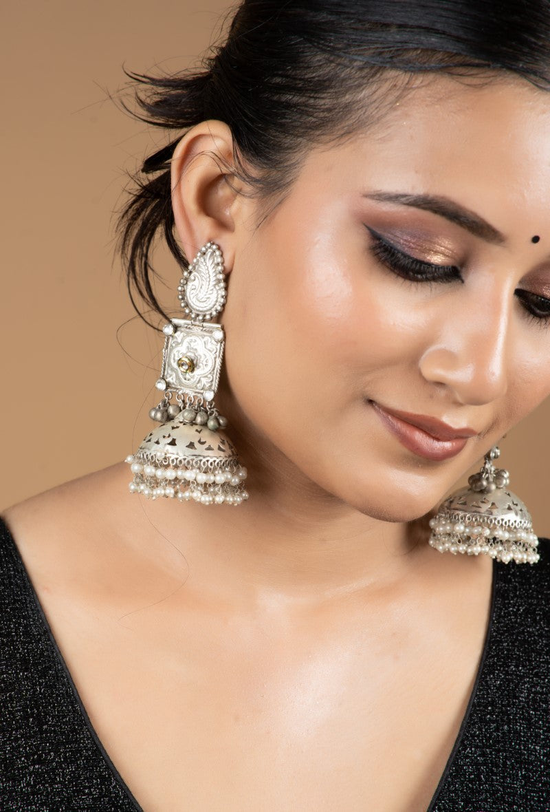 Elegant Oxidized Metal Hanging Pearls Jhumka Jewellery