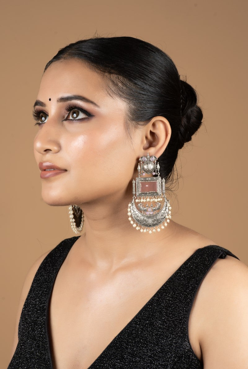 Elegant Oxidized Metal Pink Stones Hanging Pearls Chandbali Jewellery