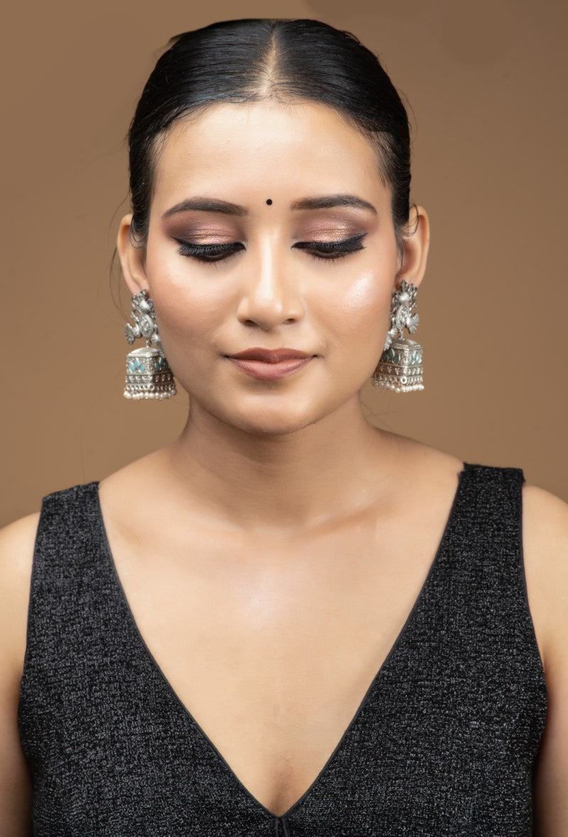 Elegant Oxidized Metal Square Jhumka Jewellery with Meenakari and Suspended Pearls