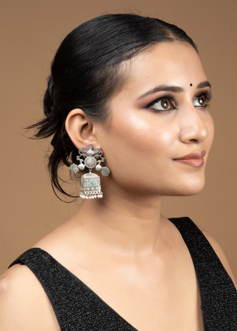Elegant Oxidized Metal Square Jhumka Jewellery with Meenakari and Suspended Pearls