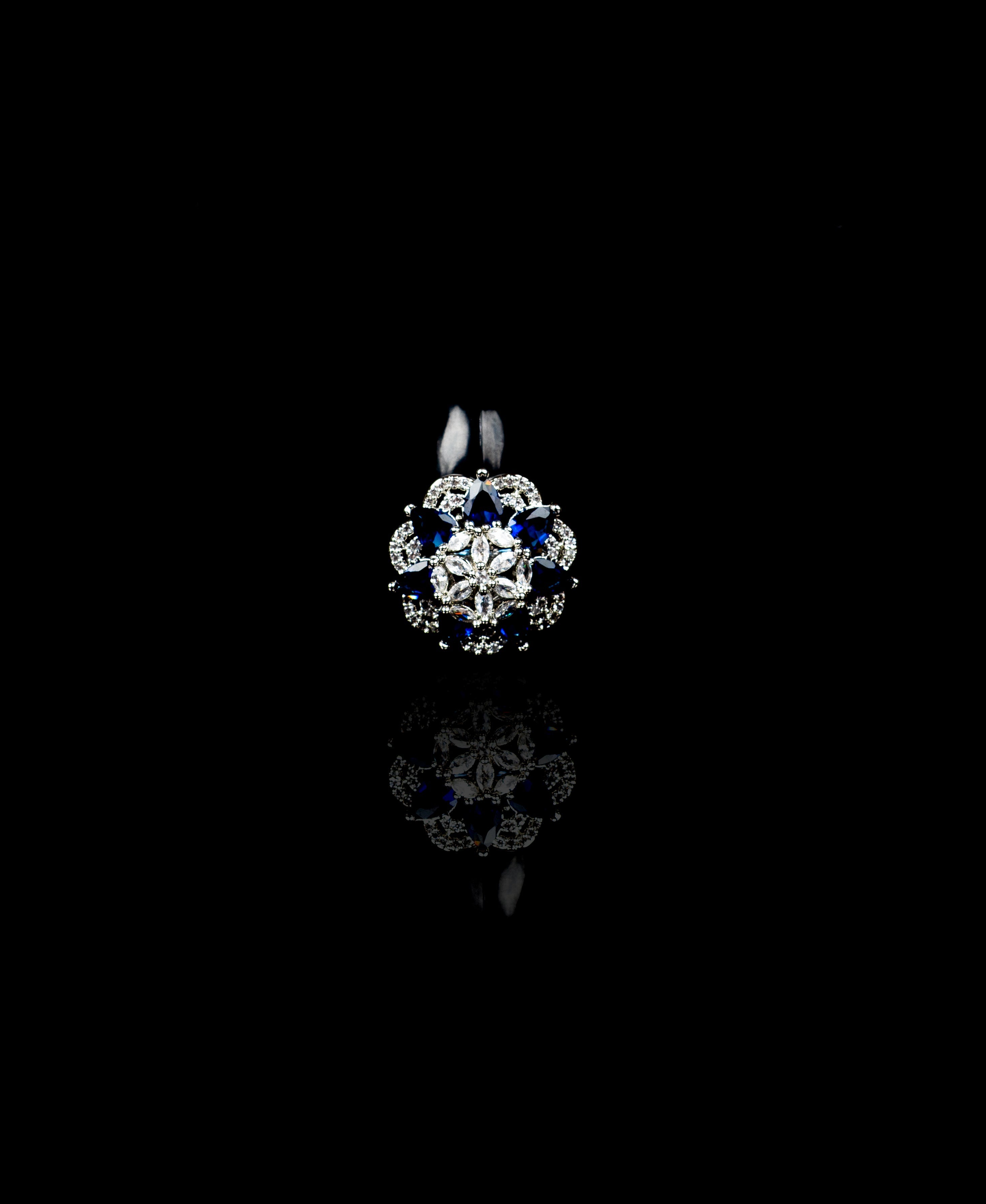 Blue-Colored American Diamond Round Shaped Multiple Stone Jewellery Ring