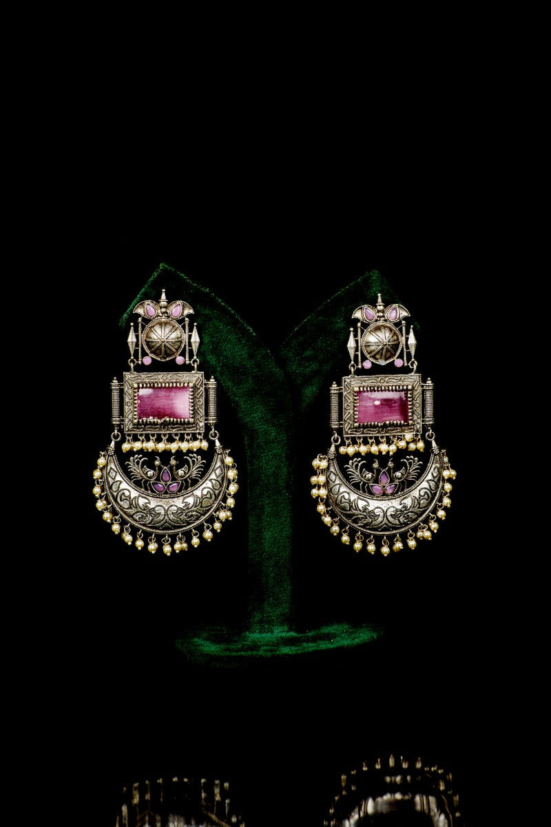 Elegant Oxidized Metal Pink Stones Hanging Pearls Chandbali Jewellery