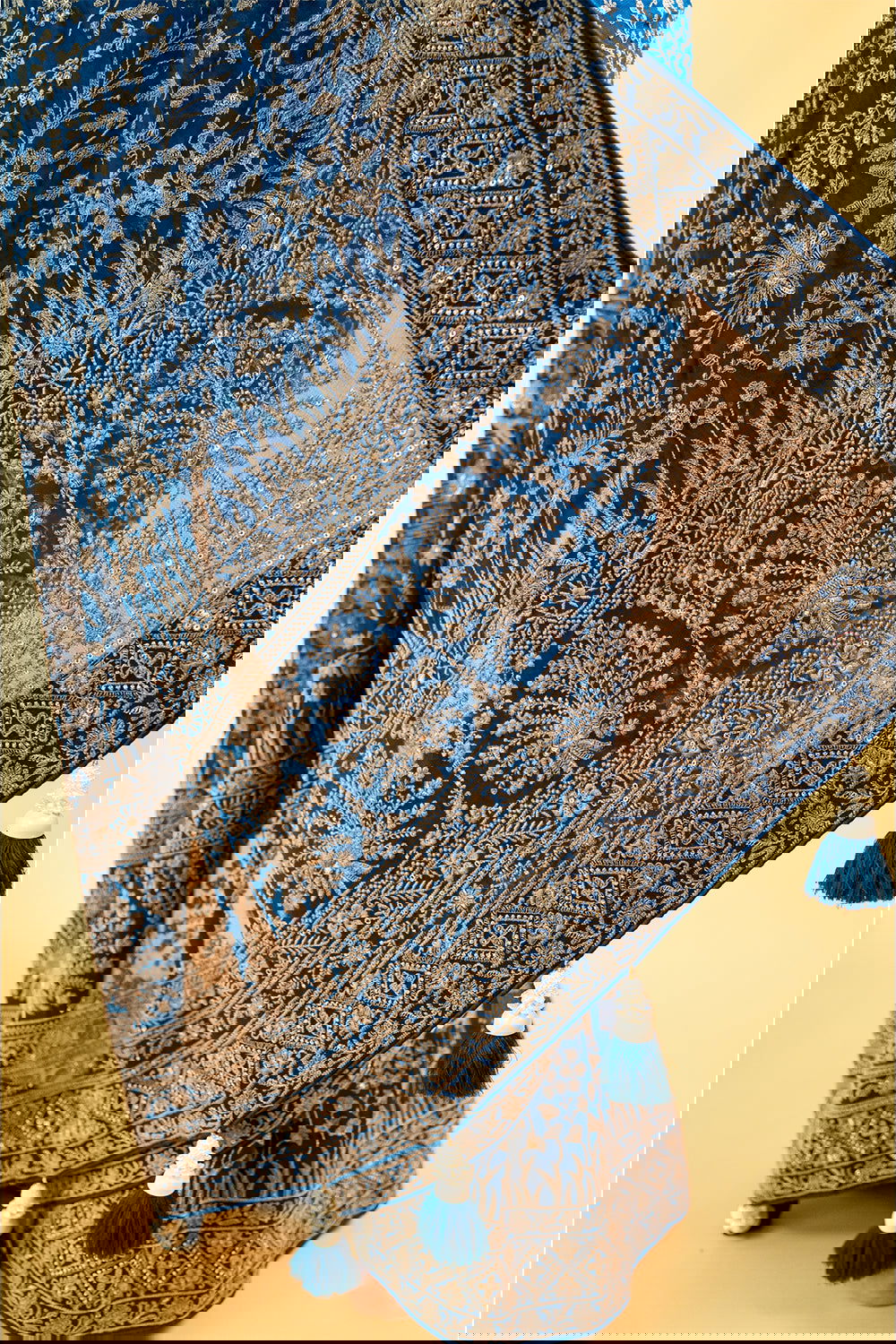 Teal Blue Lucknowi Georgette Saree with Beautiful Tassels and Zari Work - Mayrake.in