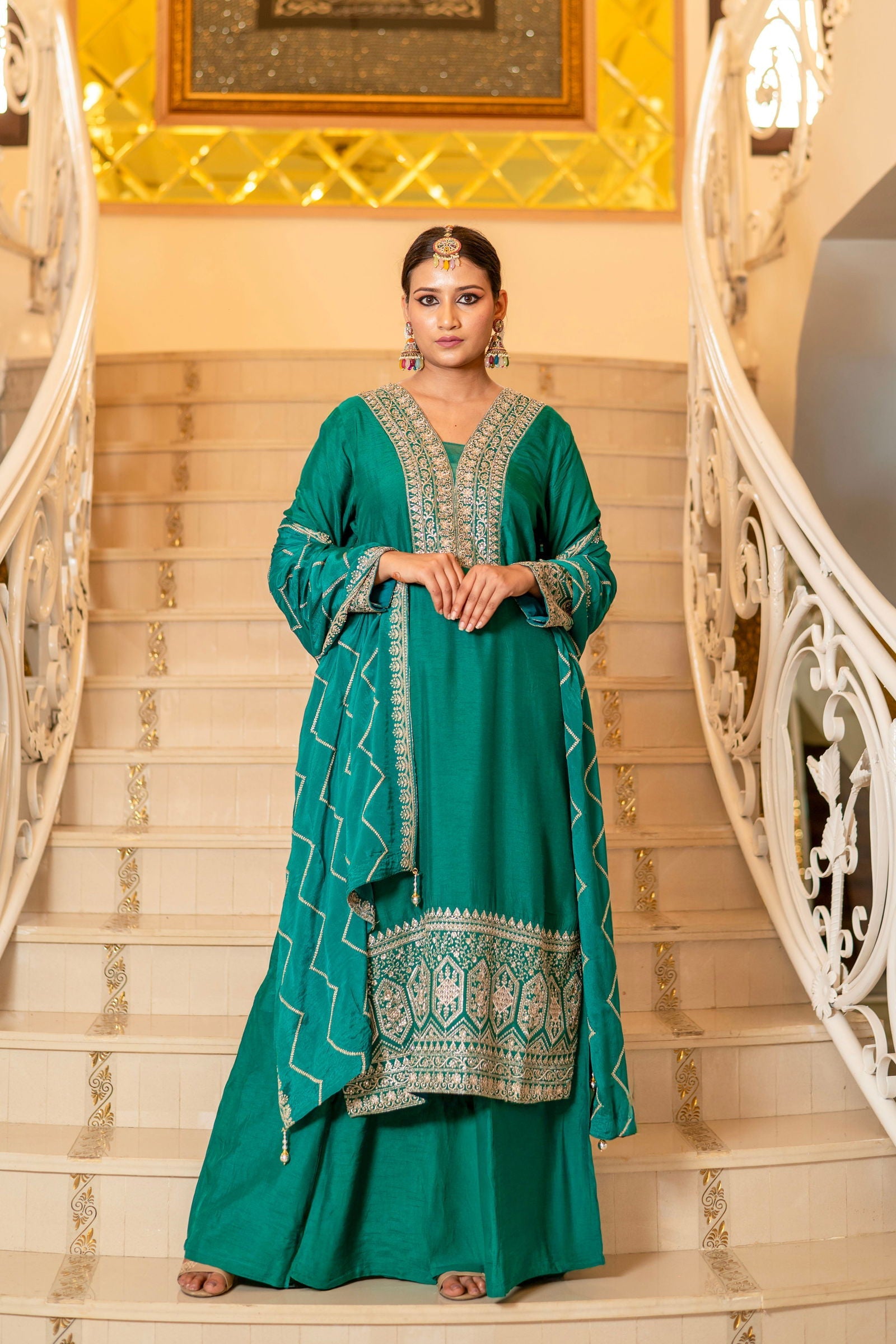 Teal Green Viscose Silk Embroidered Kurta with Flared Palazzo Set - Mayrake.in