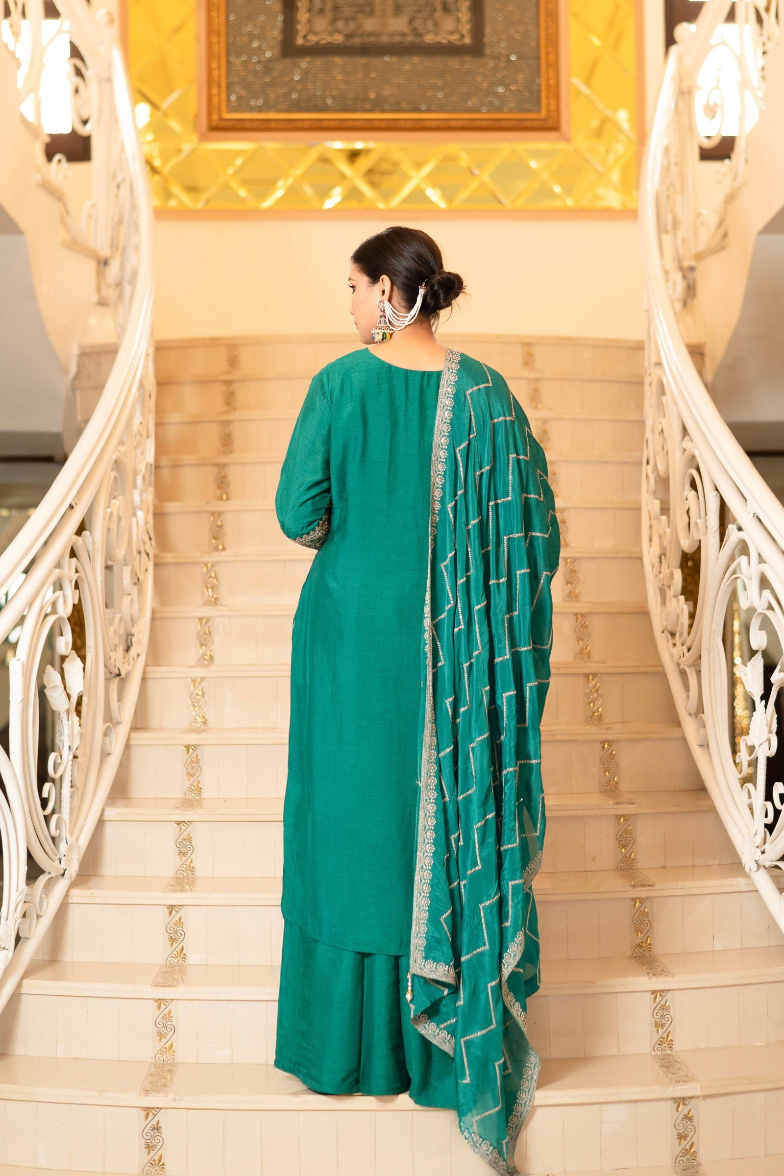Teal Green Viscose Silk Embroidered Kurta with Flared Palazzo Set - Mayrake.in