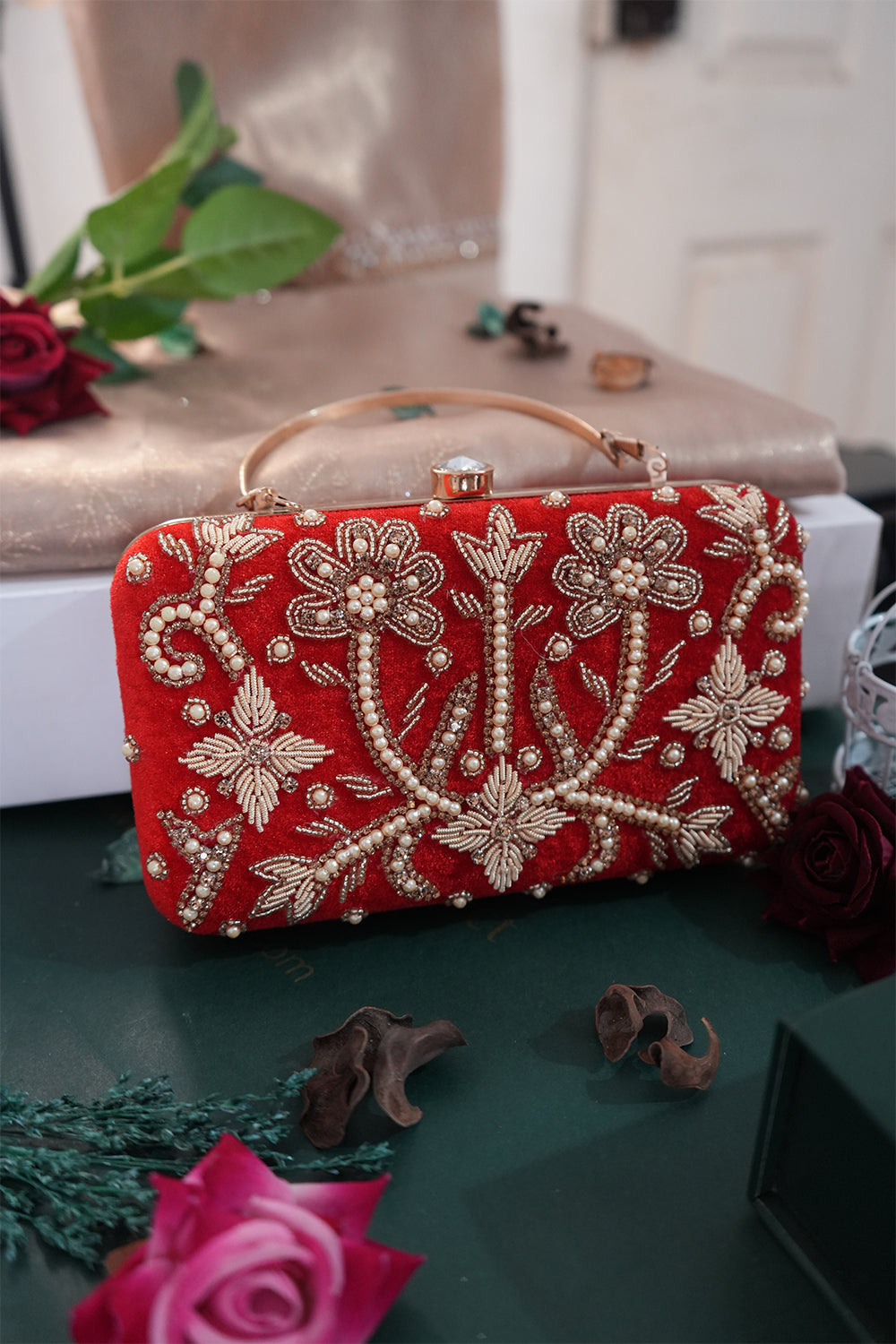 Green Velvet Pearl & Zardozi Clutch with Handle