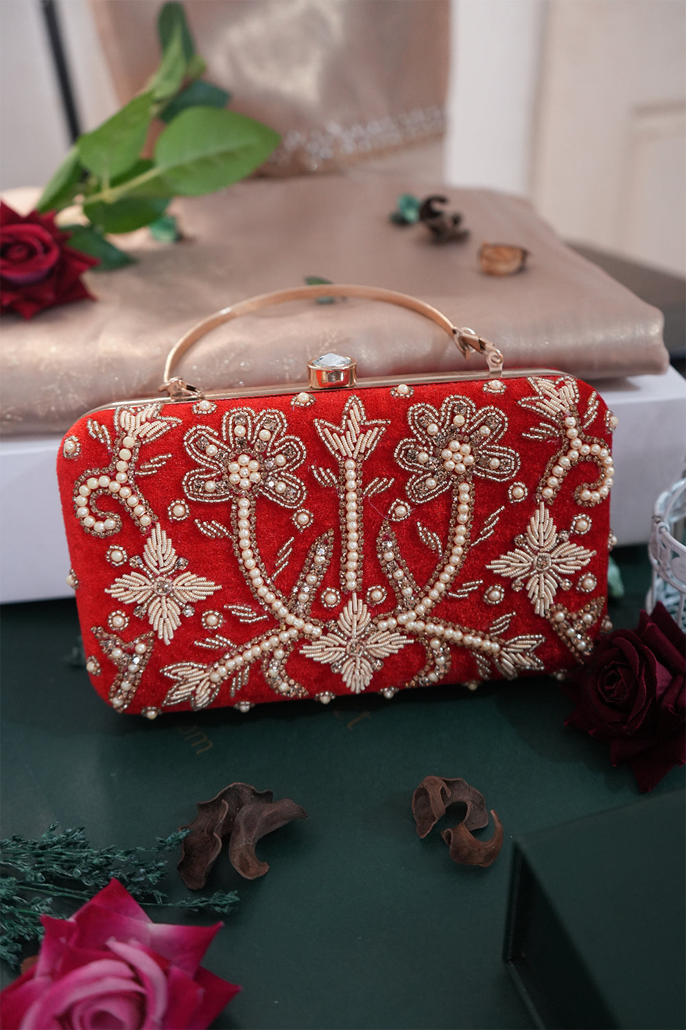 Red Velvet Clutch with Pearl & Zardozi Embroidery – With Handle