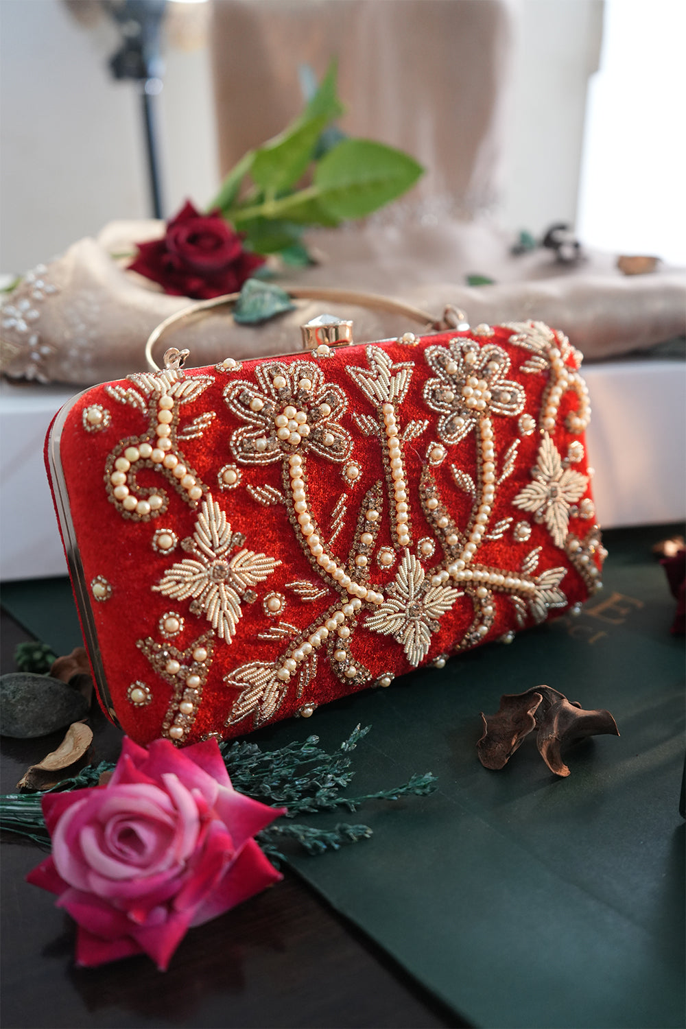 Red Velvet Clutch with Pearl & Zardozi Embroidery – With Handle
