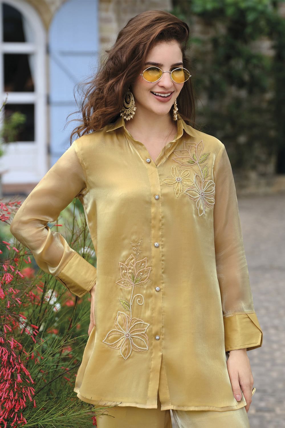 Light Yellow Handwork Viscose Silk Cord-Set Suit with Pant with Pocket