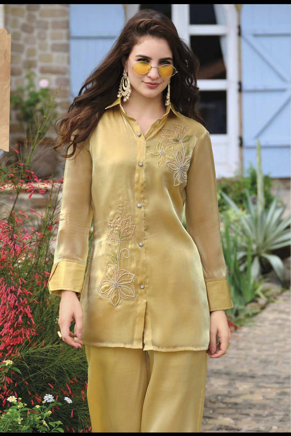 Light Yellow Handwork Viscose Silk Cord-Set Suit with Pant with Pocket