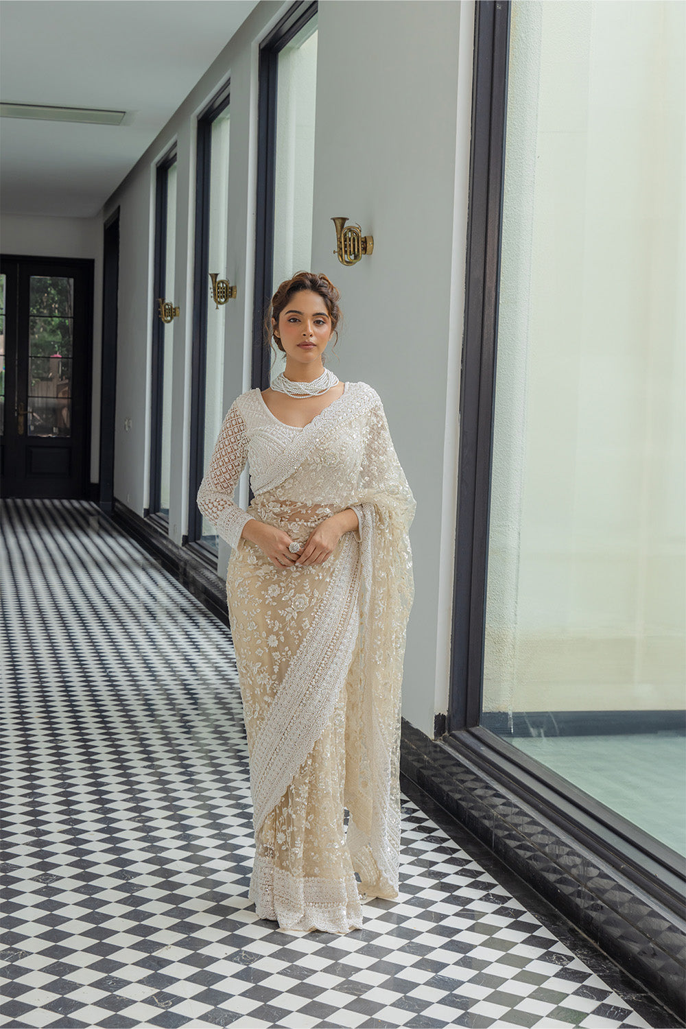 Beige-Cream Net Saree with Sequin & Pearl Embroidery