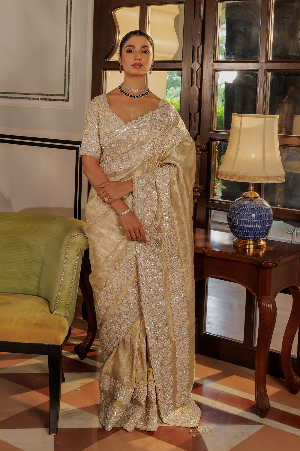 Beige Silver Tissue Zamdani Weave Saree with Sequin,Pearl & Zircon Work