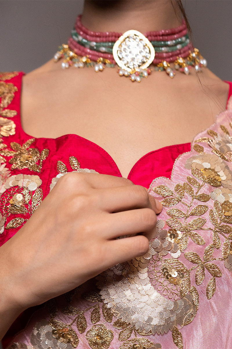 Stunning Gold Finish Stone Kundan Jewellery Choker Featuring Multicolor Beads and Pearls