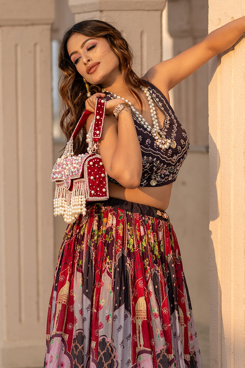 Zari Adorned Maroon Handbag with Pink Beads, Pearls, and Tassel