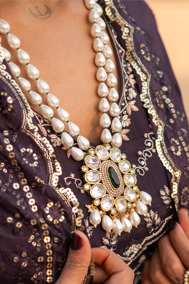 Tear Drop Pearl and Green Stone Zircon Locket Necklace Jewellery Set