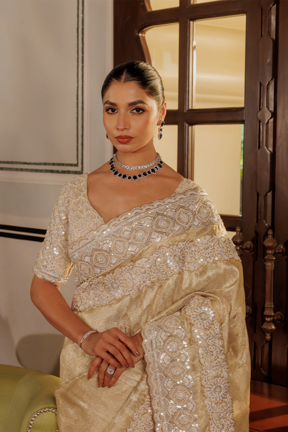 Beige Silver Tissue Zamdani Weave Saree with Sequin,Pearl & Zircon Work