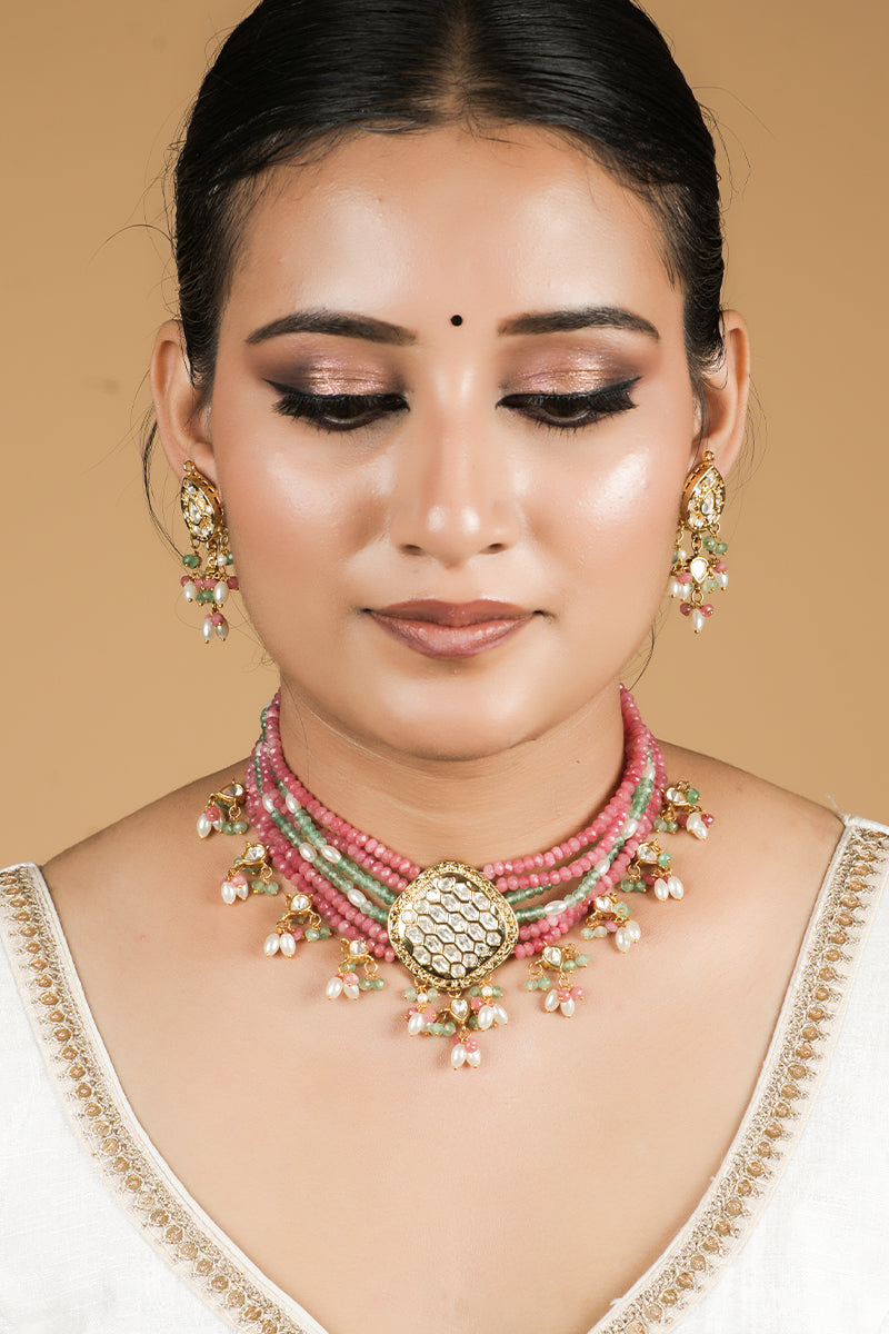 Stunning Gold Finish Stone Kundan Jewellery Choker Featuring Multicolor Beads and Pearls