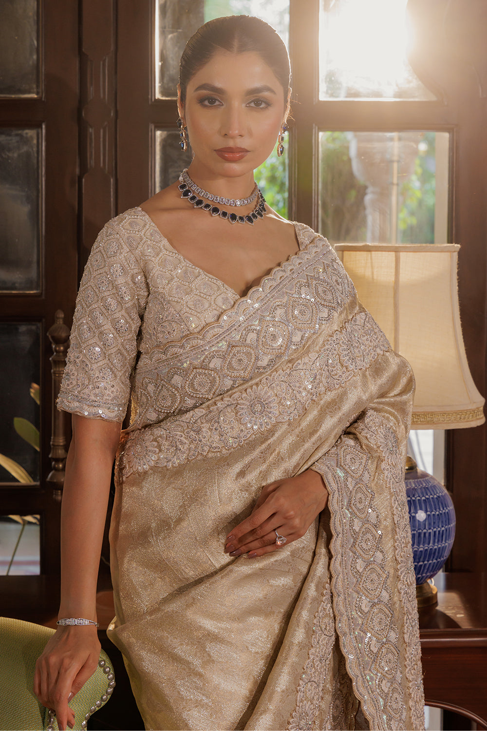 Beige Silver Tissue Zamdani Weave Saree with Sequin,Pearl & Zircon Work