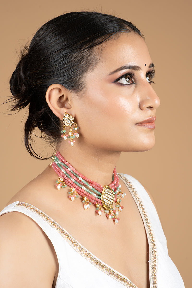 Stunning Gold Finish Stone Kundan Jewellery Choker Featuring Multicolor Beads and Pearls