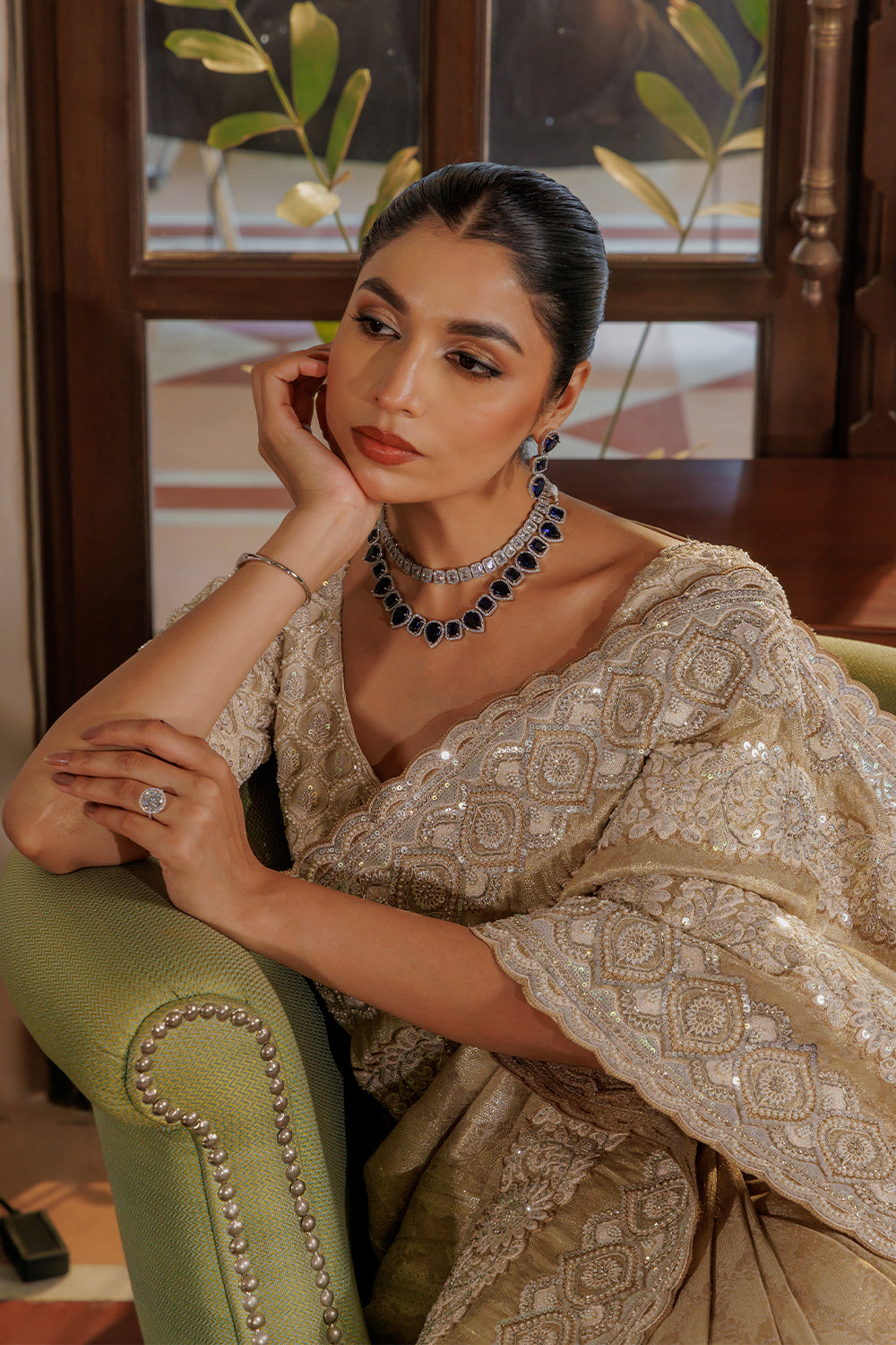 Beige Silver Tissue Zamdani Weave Saree with Sequin,Pearl & Zircon Work