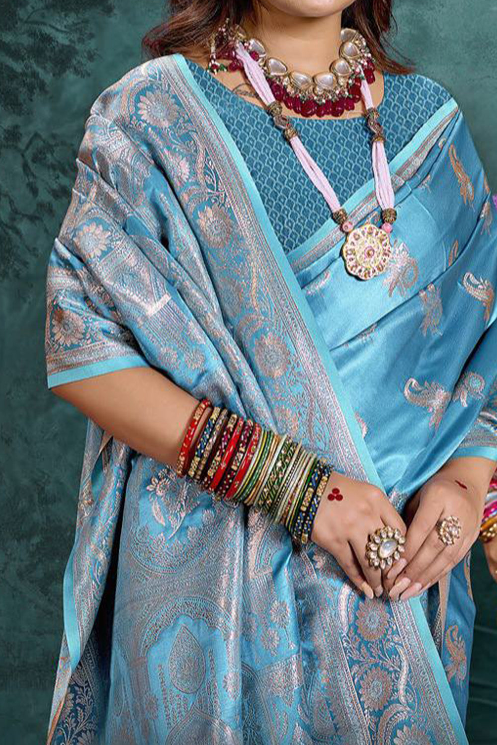 Sky Blue Banarasi Satin Silk Rich Pallu Saree with Silver Zari Weaving Detailing