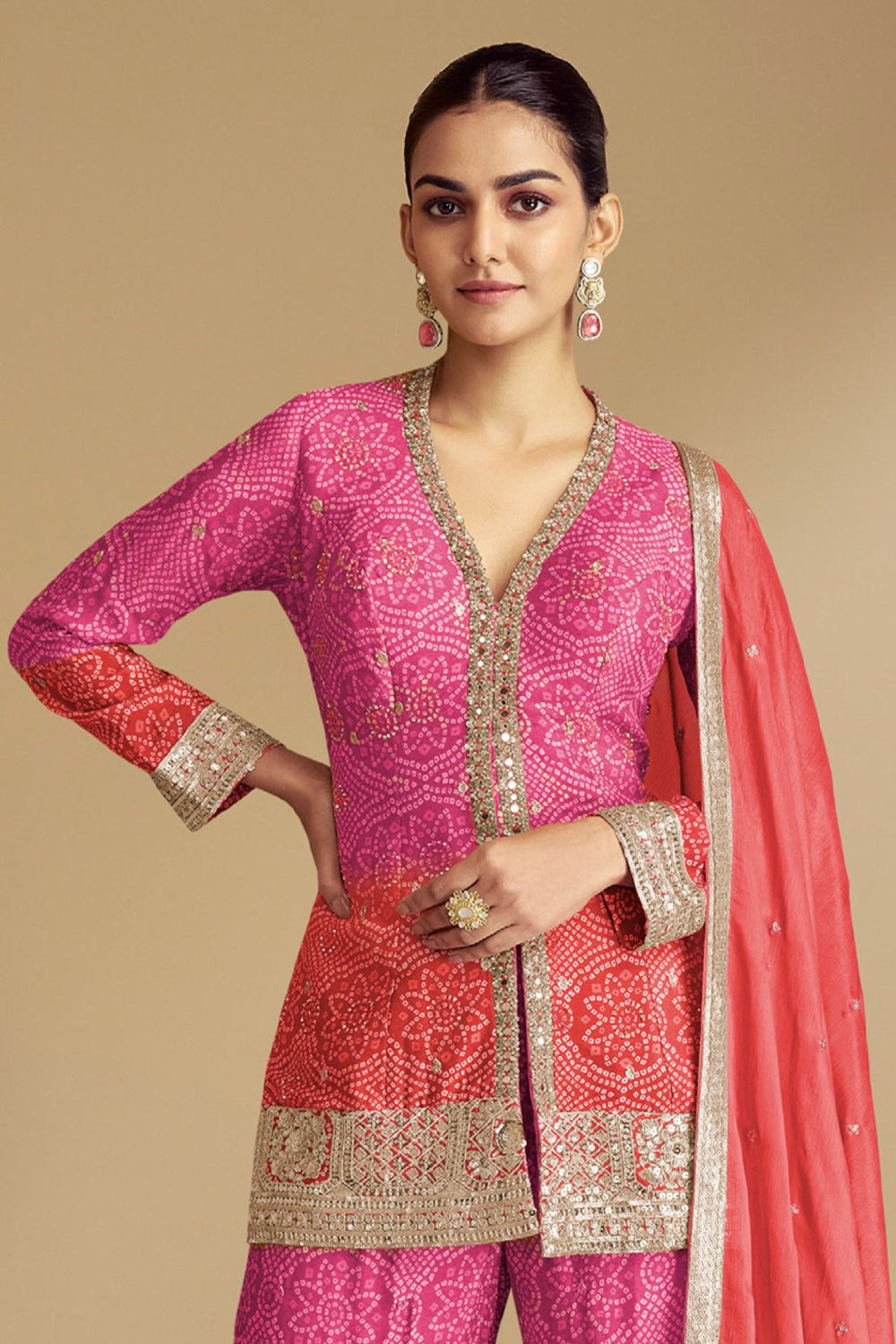 Pink-Orange Bandhani Print Sharara Silk Suit with Zari Work and Matching Dupatta