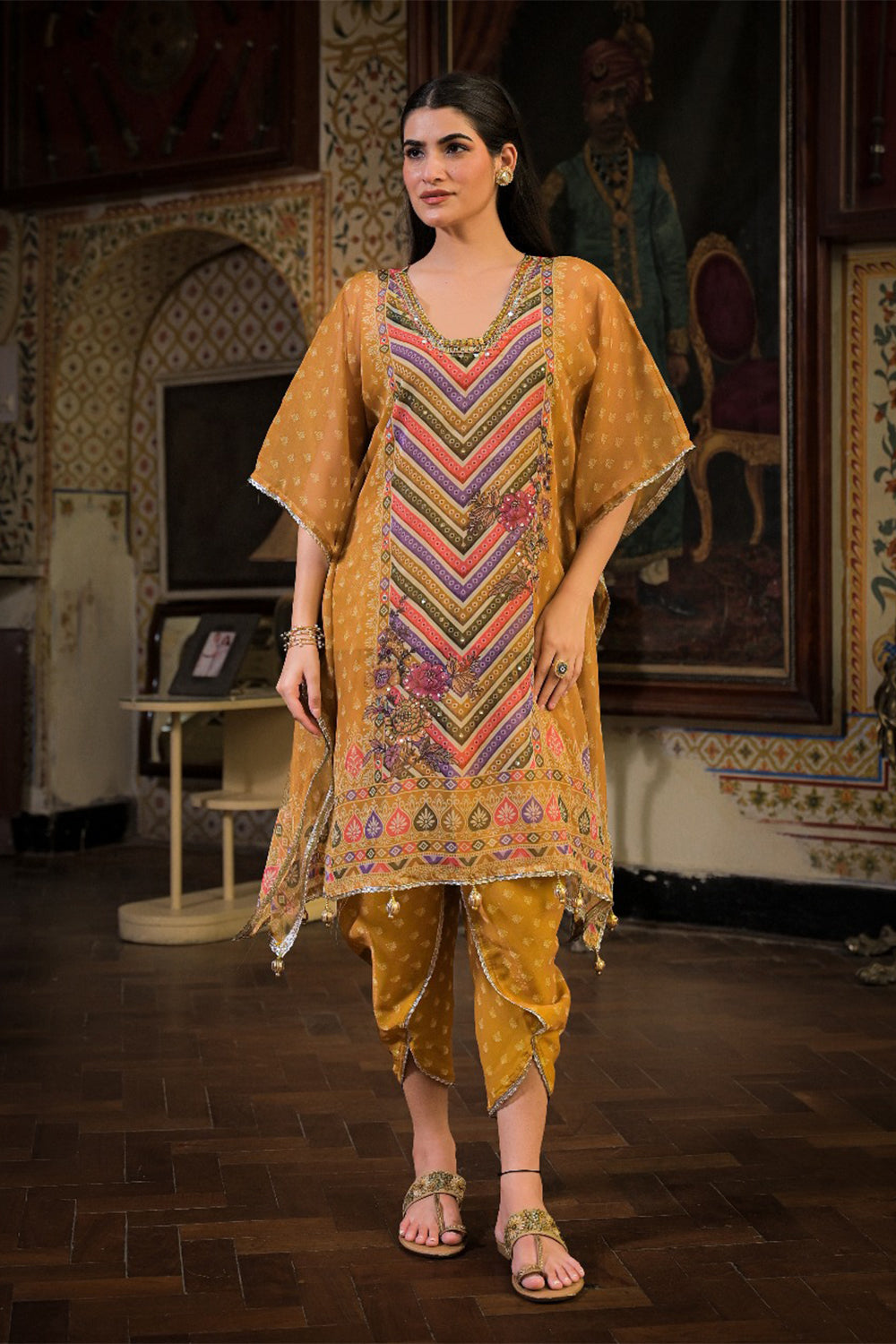 Marigold Yellow Georgette Dhoti-Pattern Cord Set Suit with Zari Work