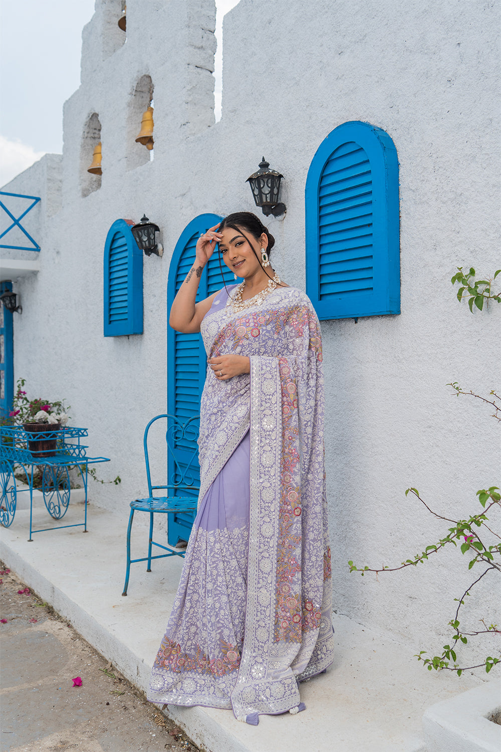 Light Yellow Lucknowi Georgette Saree with Beautiful Tassels and Zari Work