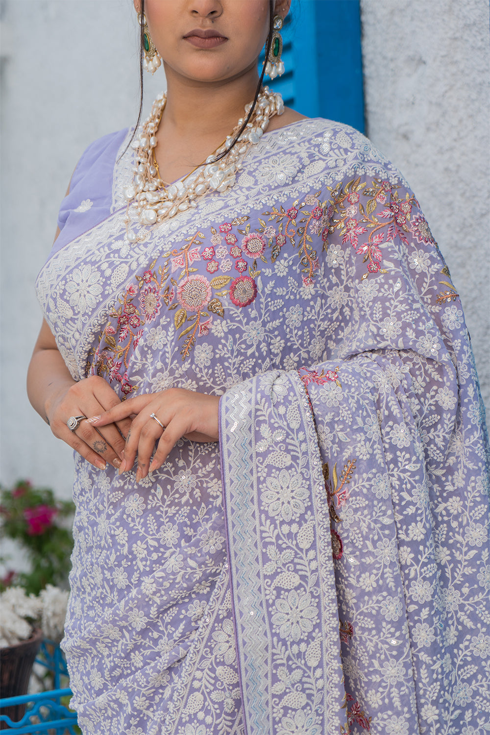 Light Yellow Lucknowi Georgette Saree with Beautiful Tassels and Zari Work