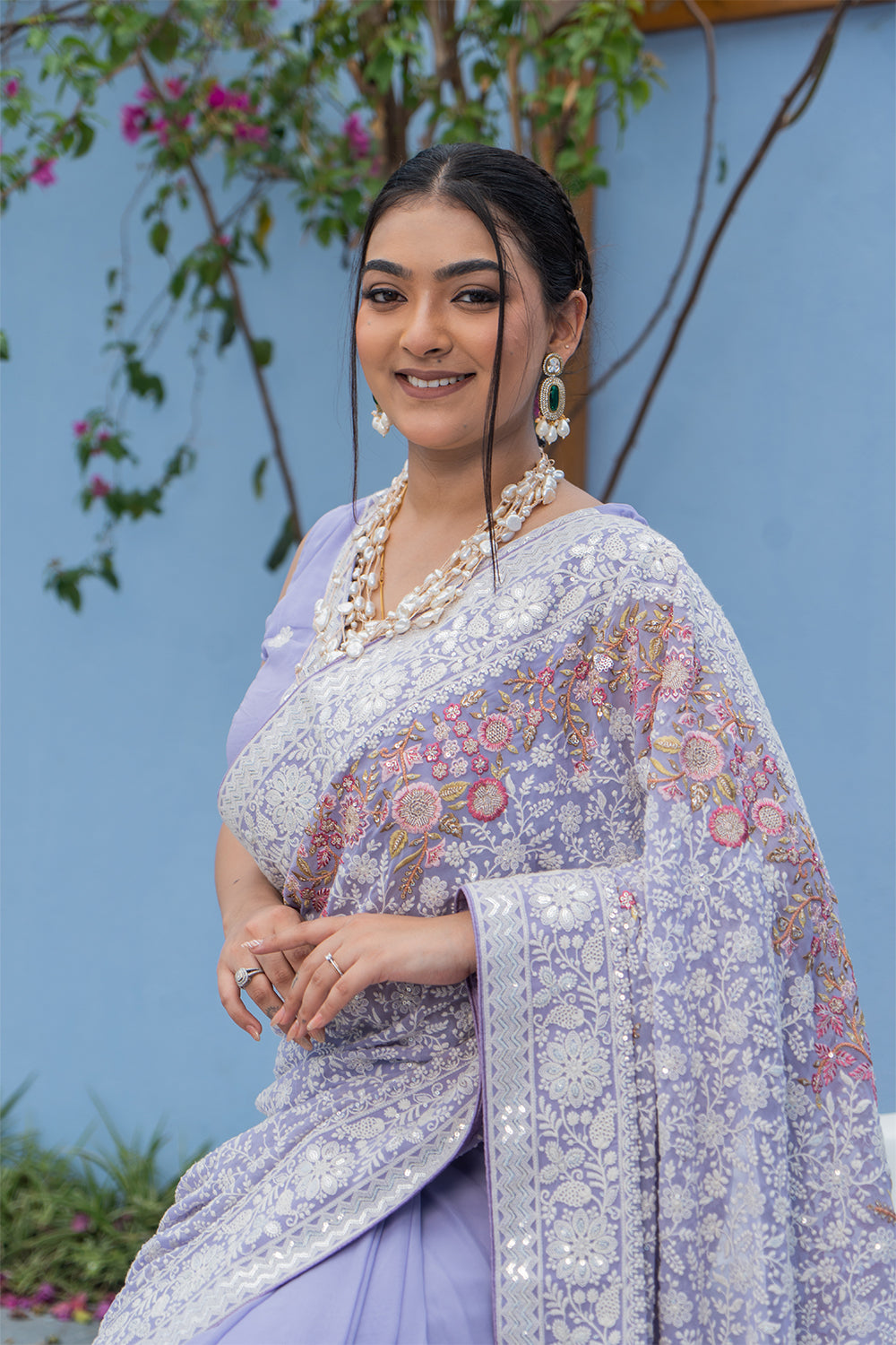 Light Yellow Lucknowi Georgette Saree with Beautiful Tassels and Zari Work
