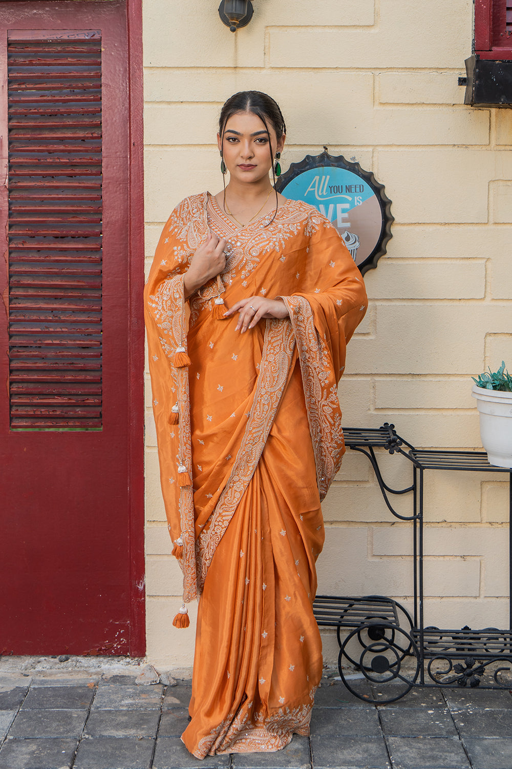 Two Blouse Concept – Rust Orange Crepe Silk Saree with Sequin and Zari Work