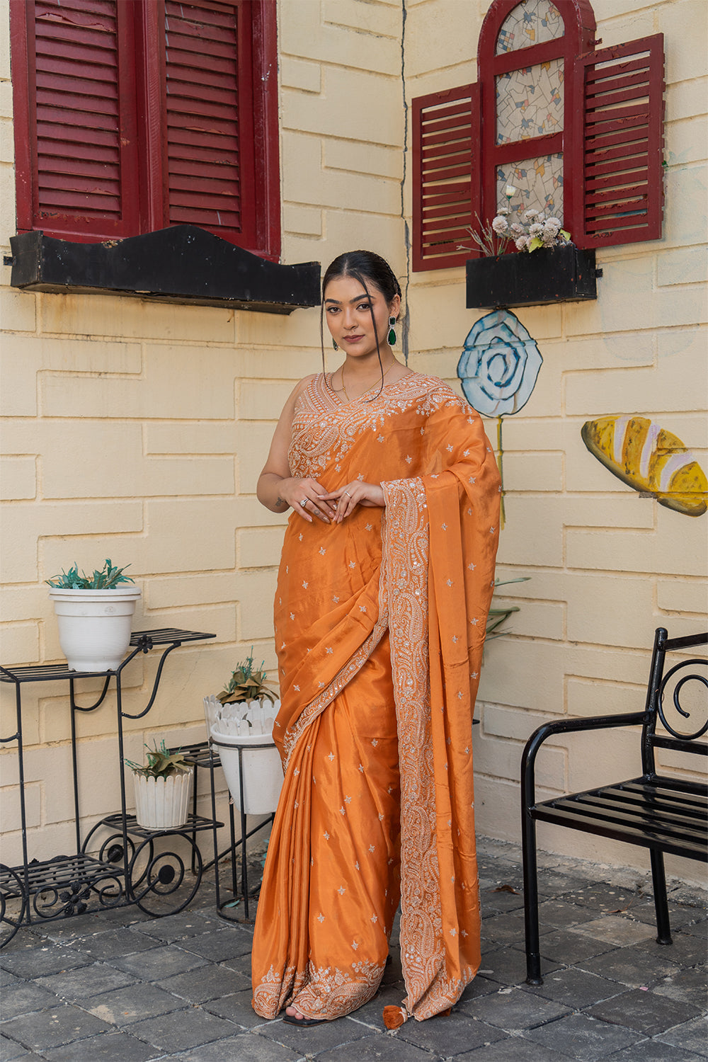 Two Blouse Concept – Rust Orange Crepe Silk Saree with Sequin and Zari Work