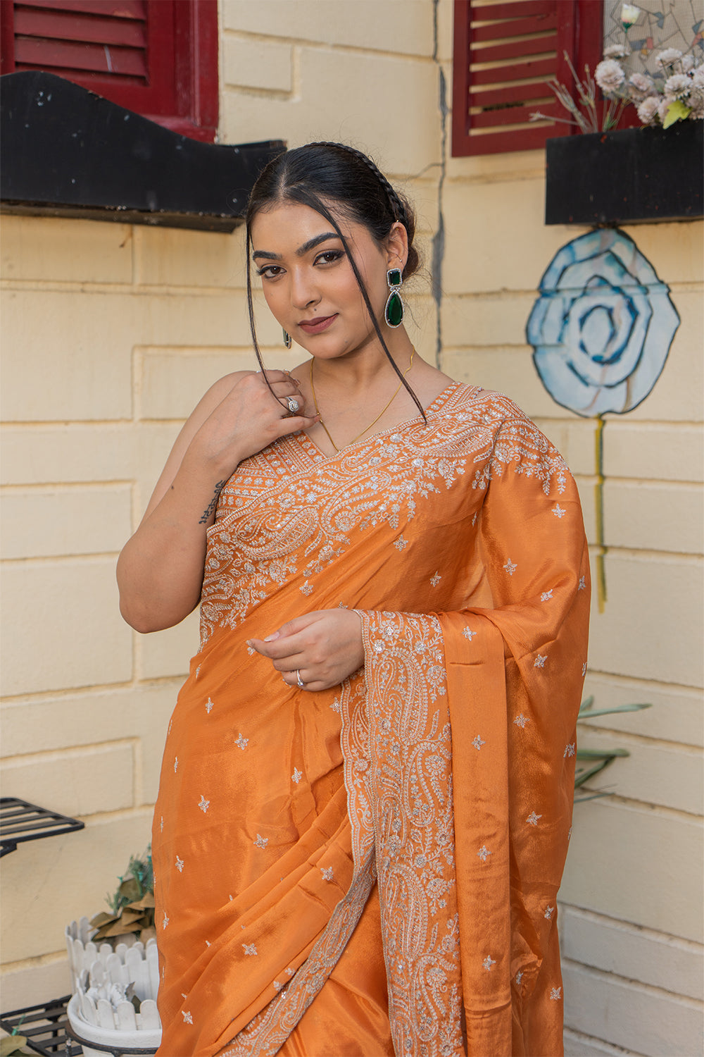 Two Blouse Concept – Rust Orange Crepe Silk Saree with Sequin and Zari Work