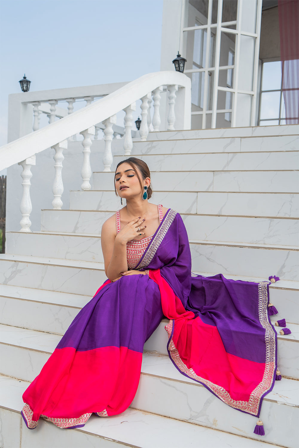 Two Blouse Concept – Yellow-Pink Tween shade Georgette Saree with Sequin Border Work