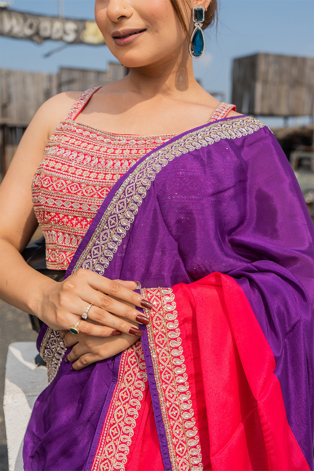 Two Blouse Concept – Purple Pink Tween shade Georgette Saree with Sequin Border Work