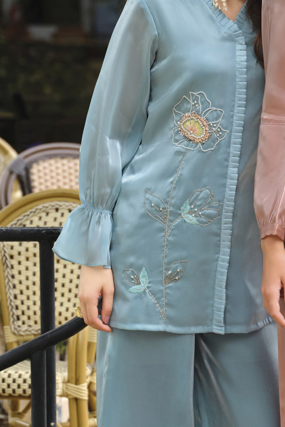 Sky Blue Handwork Viscose Silk Cord-Set Suit with Pant with Pocket